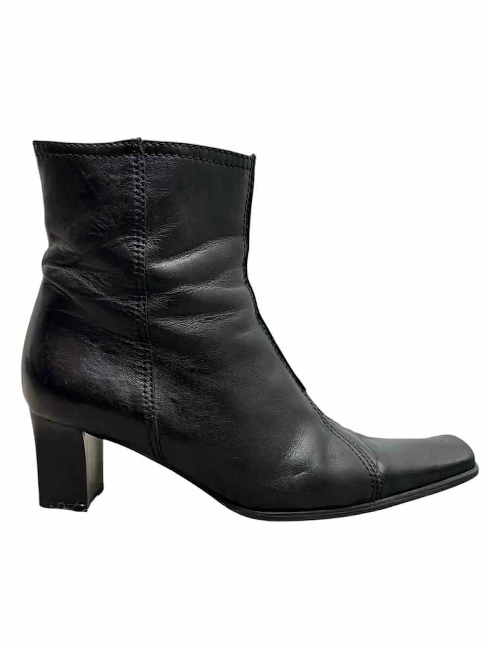 Handmade minimalist black Italian leather heeled square toe boots EU 38